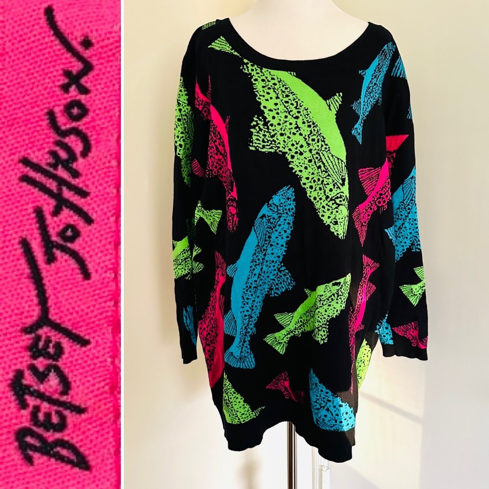 Betsey Johnson Neon Fish Oversized Knit Tunic Sweater “Boy George” 1985